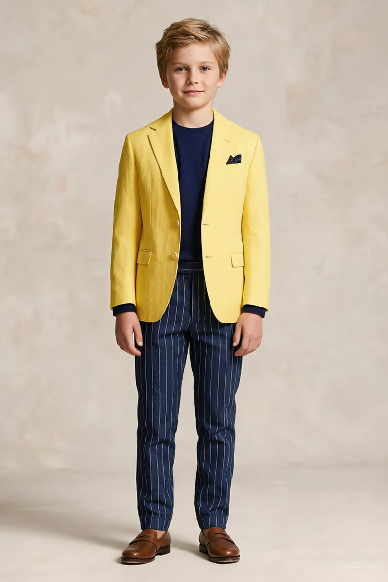 Boys Bright Yellow Notch Lapel Blazer & Navy Pinstripe Trouser 2-Piece Suit