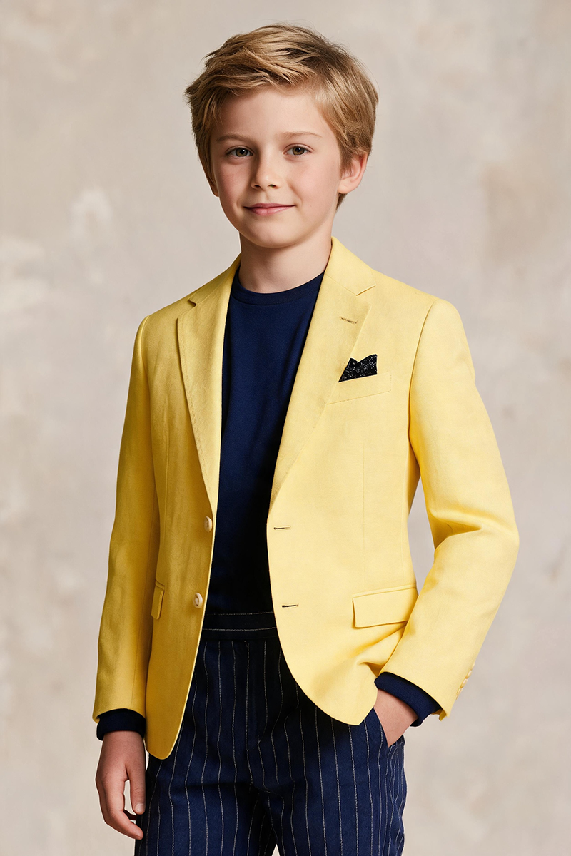 Boys Bright Yellow Notch Lapel Blazer & Navy Pinstripe Trouser 2-Piece Suit