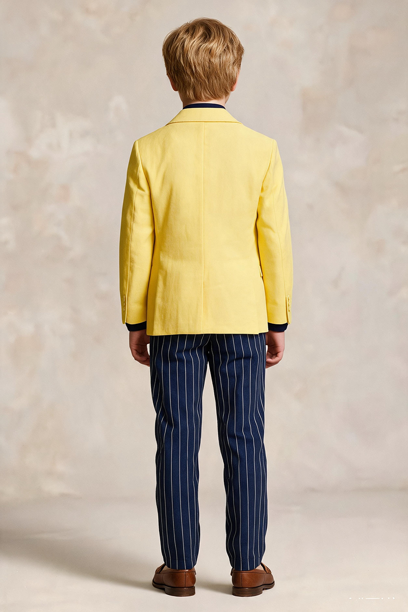 Boys Bright Yellow Notch Lapel Blazer & Navy Pinstripe Trouser 2-Piece Suit