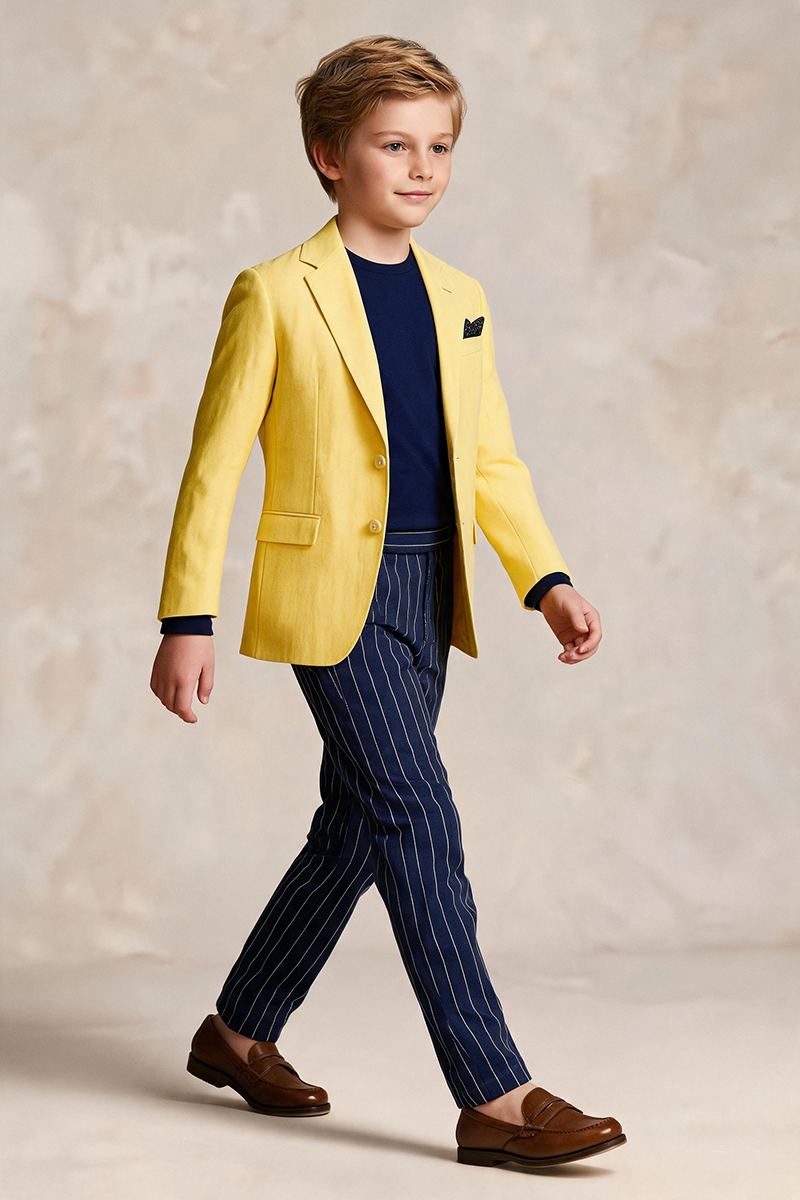 Boys Bright Yellow Notch Lapel Blazer & Navy Pinstripe Trouser 2-Piece Suit