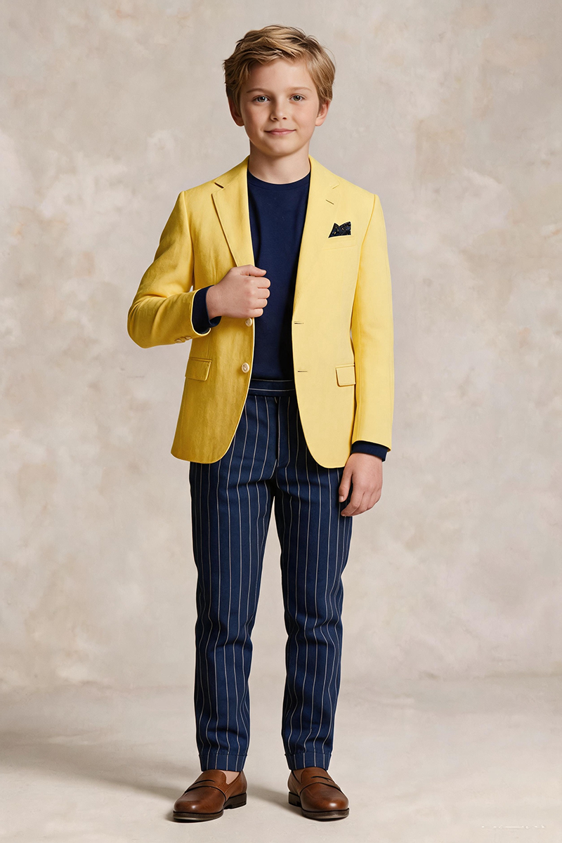 Boys Bright Yellow Notch Lapel Blazer & Navy Pinstripe Trouser 2-Piece Suit