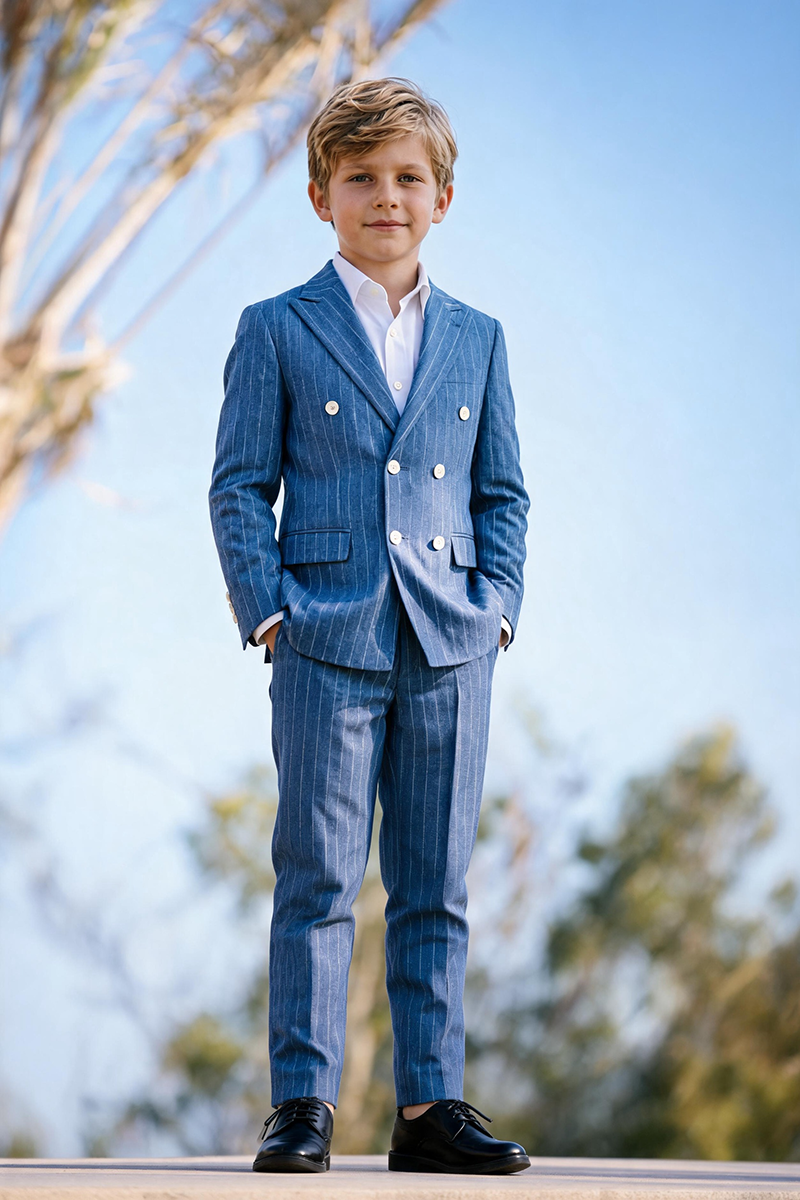 Boys Light Blue Pinstripe Double Breasted Notch Lapel 2-Piece Suit