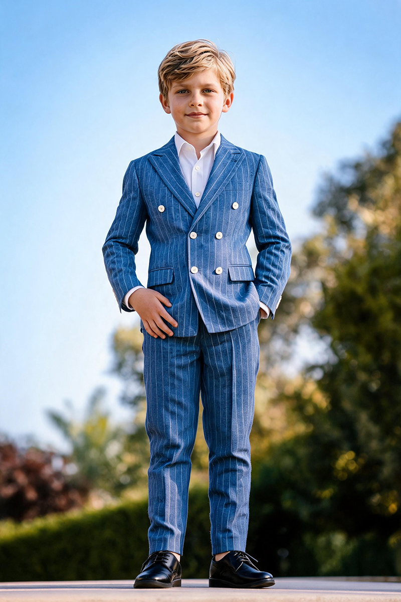 Boys Light Blue Pinstripe Double Breasted Notch Lapel 2-Piece Suit
