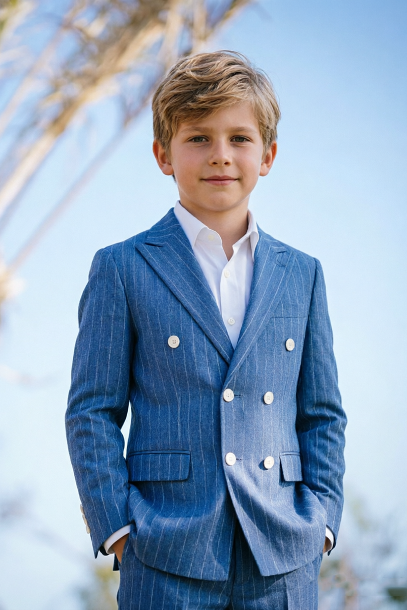 Boys Light Blue Pinstripe Double Breasted Notch Lapel 2-Piece Suit