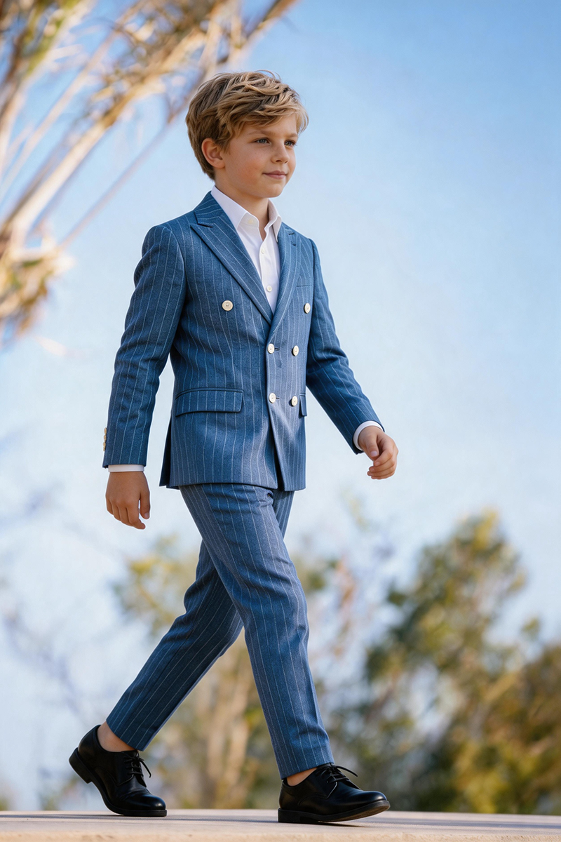 Boys Light Blue Pinstripe Double Breasted Notch Lapel 2-Piece Suit
