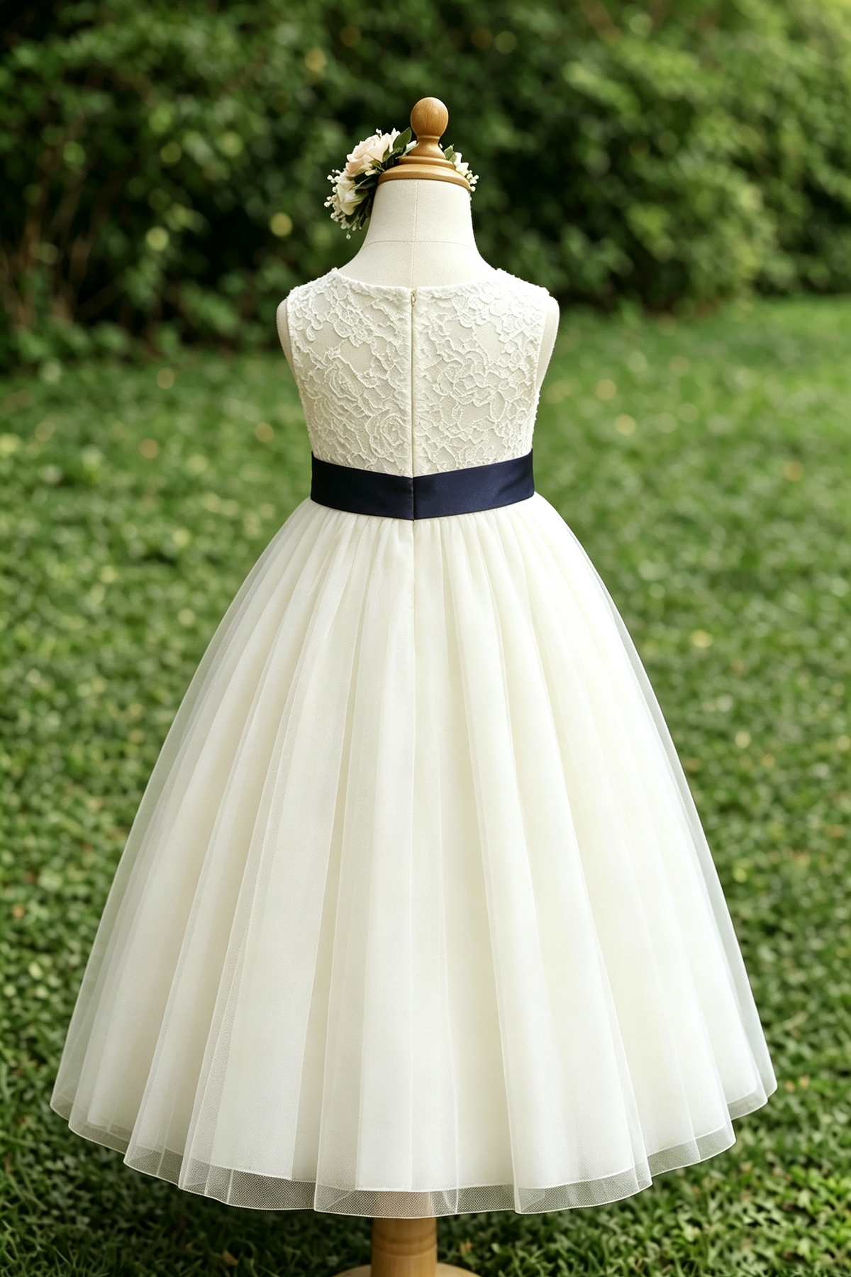 Cream Floral Lace Navy Satin Bow Multi-Layer Tulle A-Line Dress