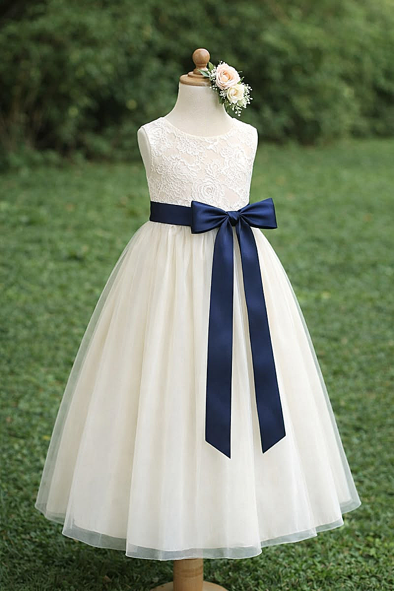 Cream Floral Lace Navy Satin Bow Multi-Layer Tulle A-Line Dress