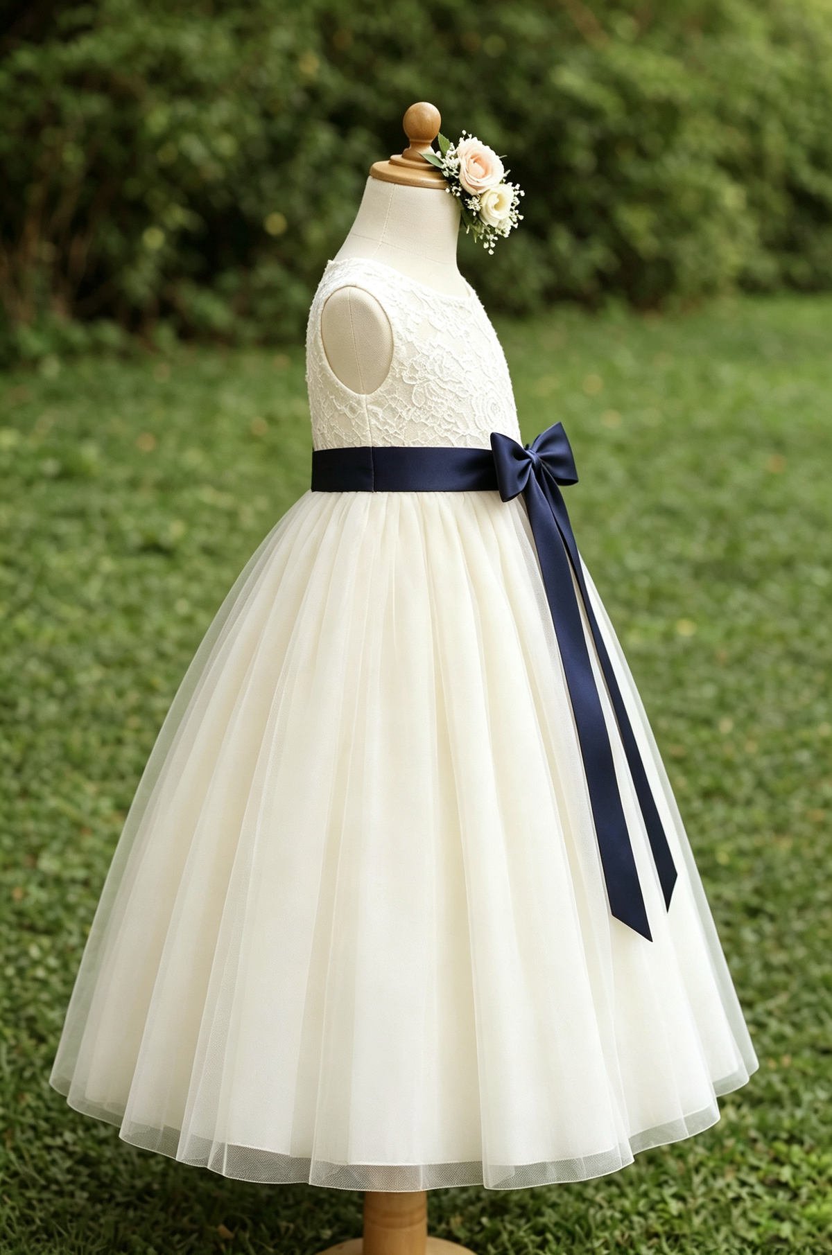Cream Floral Lace Navy Satin Bow Multi-Layer Tulle A-Line Dress