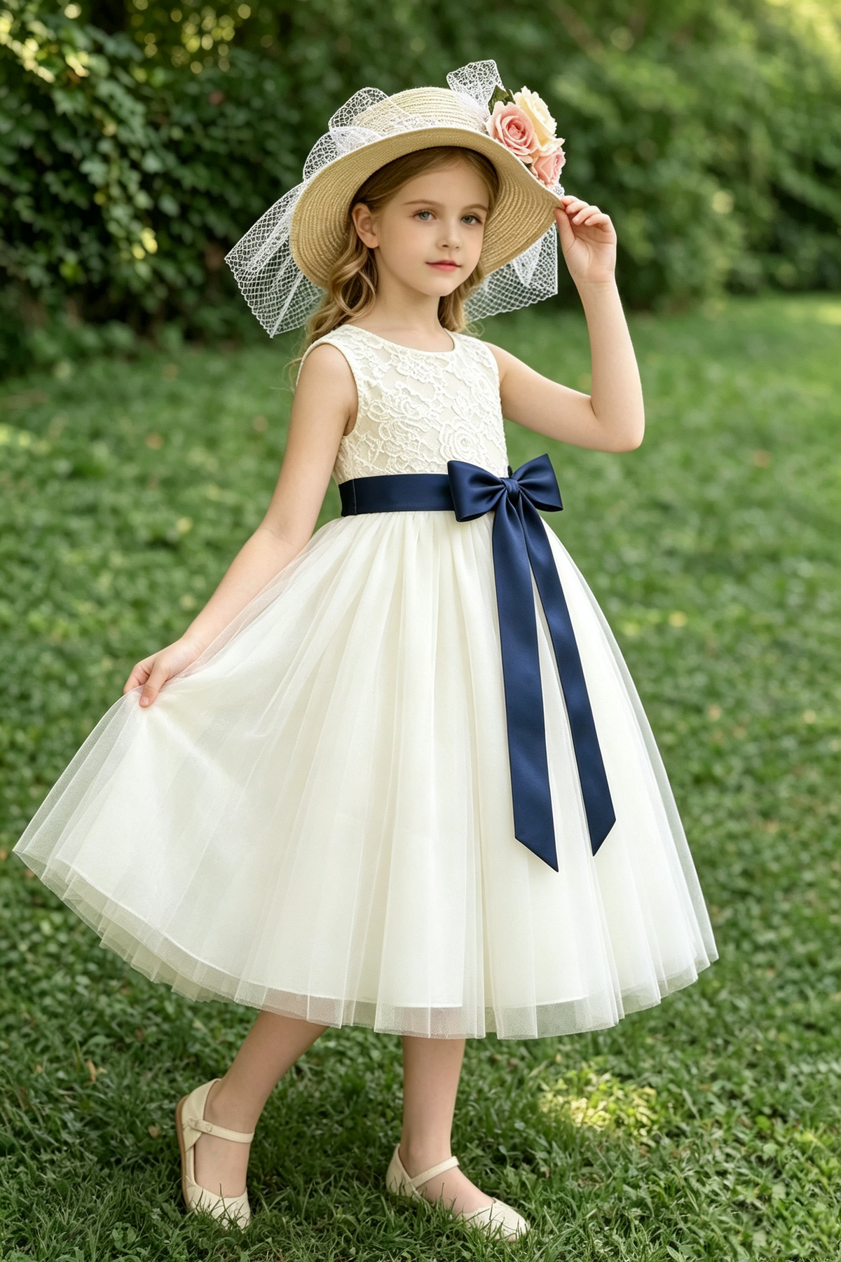 Cream Floral Lace Navy Satin Bow Multi-Layer Tulle A-Line Dress