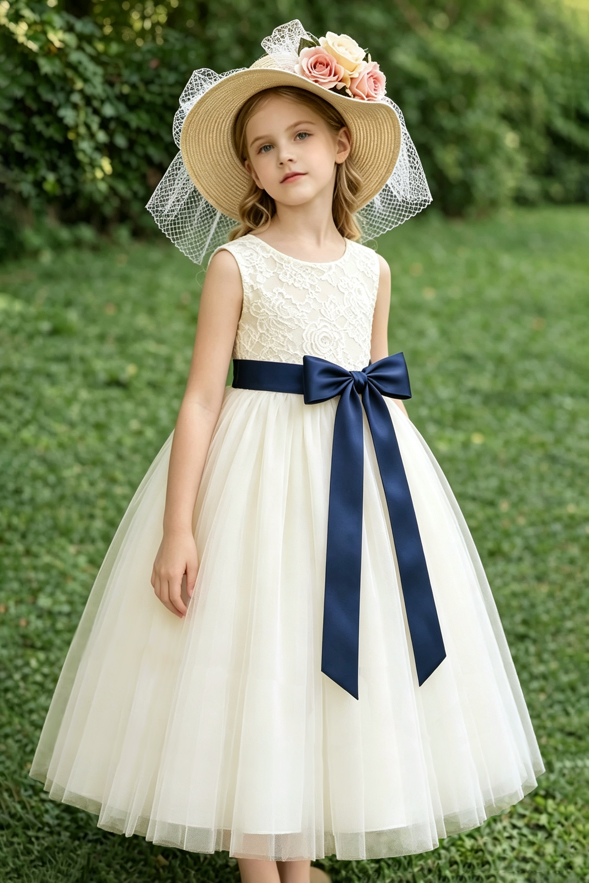 Cream Floral Lace Navy Satin Bow Multi-Layer Tulle A-Line Dress