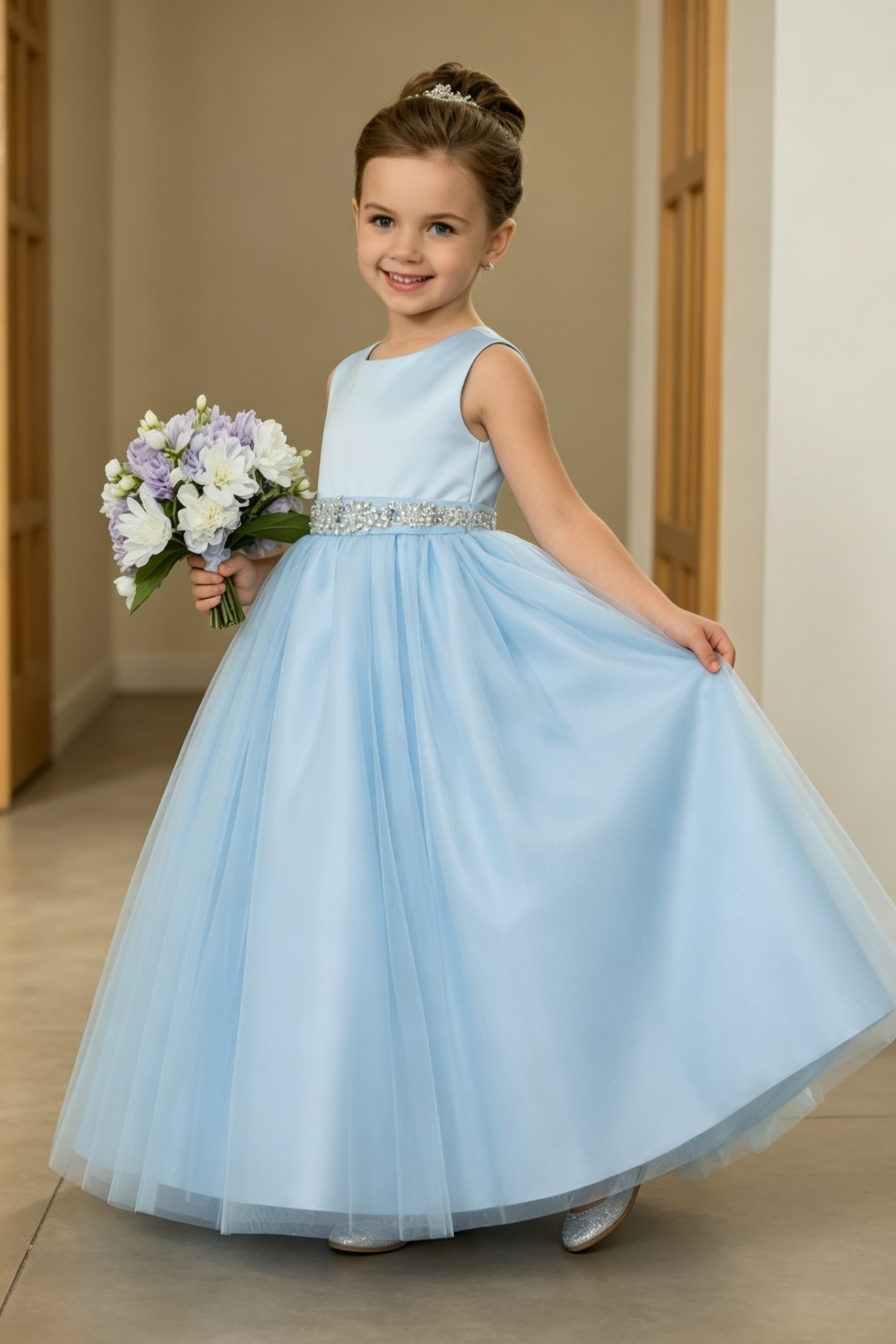 Sky Blue Satin Rhinestone Waistband Multi-Layer Tulle A-Line Dress