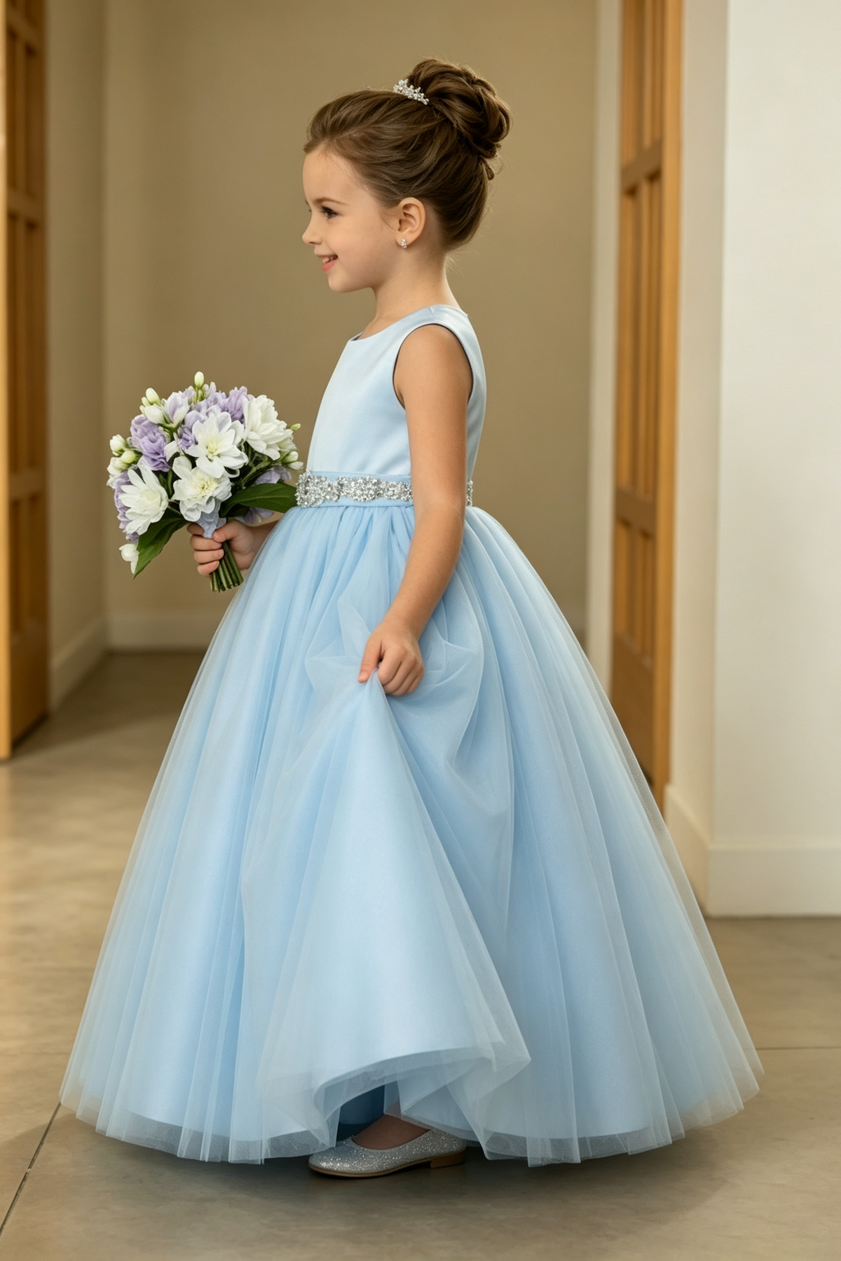 Sky Blue Satin Rhinestone Waistband Multi-Layer Tulle A-Line Dress