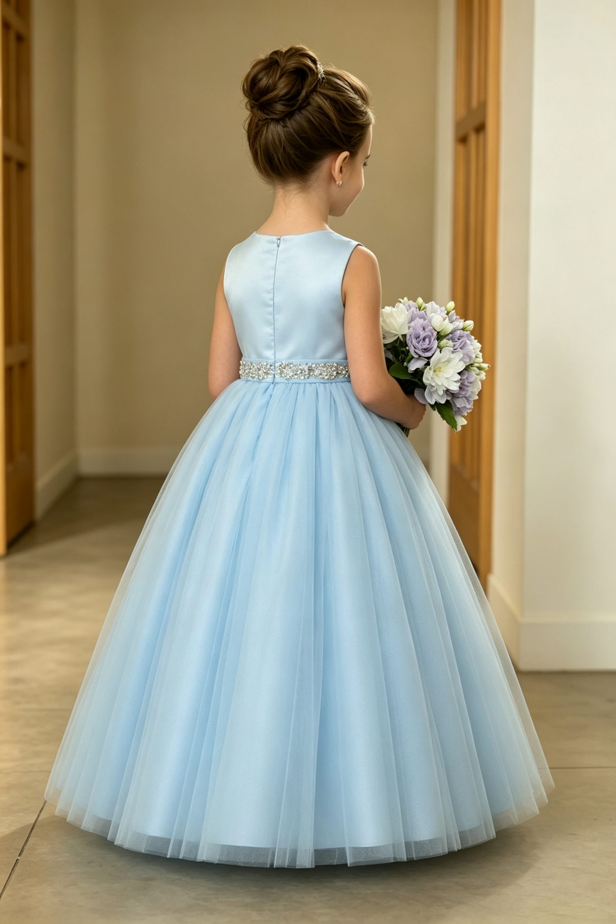 Sky Blue Satin Rhinestone Waistband Multi-Layer Tulle A-Line Dress
