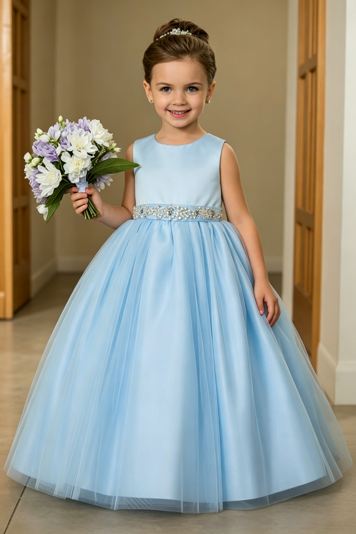 Sky Blue Satin Rhinestone Waistband Multi-Layer Tulle A-Line Dress