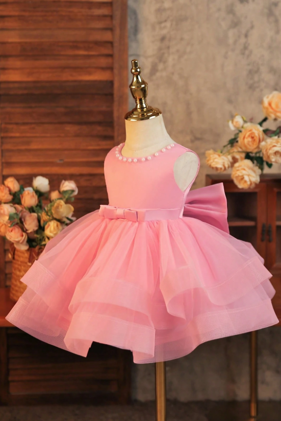 Sky Blue Satin Pearl Neckline Tiered Tulle Big Bow Short A-Line Dress