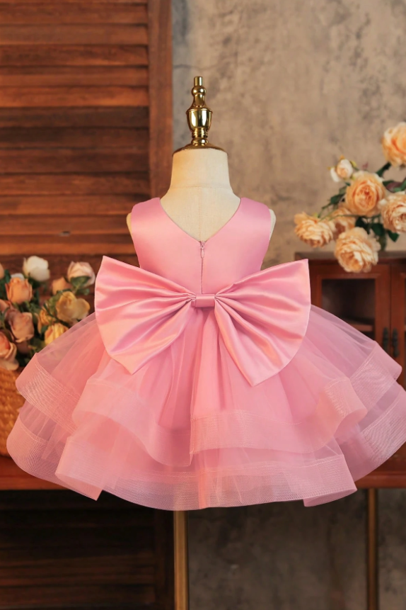 Sky Blue Satin Pearl Neckline Tiered Tulle Big Bow Short A-Line Dress