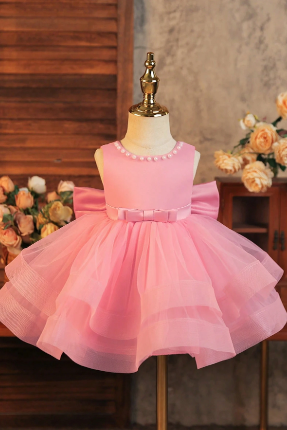 Sky Blue Satin Pearl Neckline Tiered Tulle Big Bow Short A-Line Dress