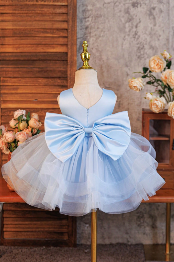Sky Blue Satin Pearl Neckline Tiered Tulle Big Bow Short A-Line Dress