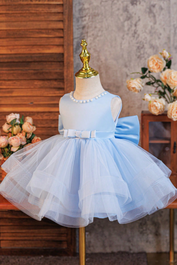 Sky Blue Satin Pearl Neckline Tiered Tulle Big Bow Short A-Line Dress