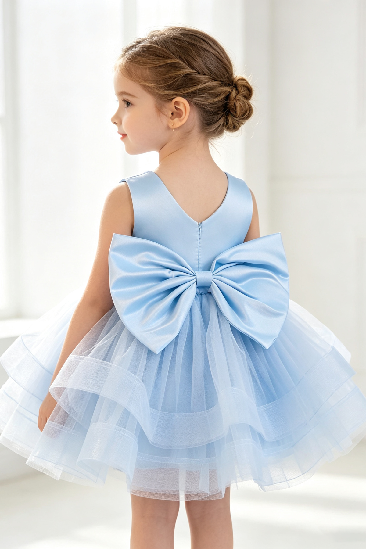Sky Blue Satin Pearl Neckline Tiered Tulle Big Bow Short A-Line Dress