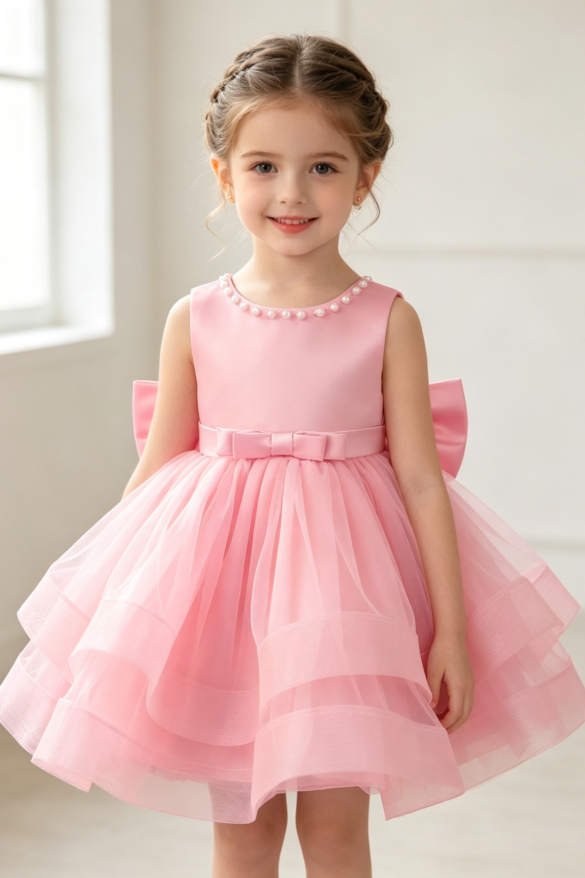 Sky Blue Satin Pearl Neckline Tiered Tulle Big Bow Short A-Line Dress
