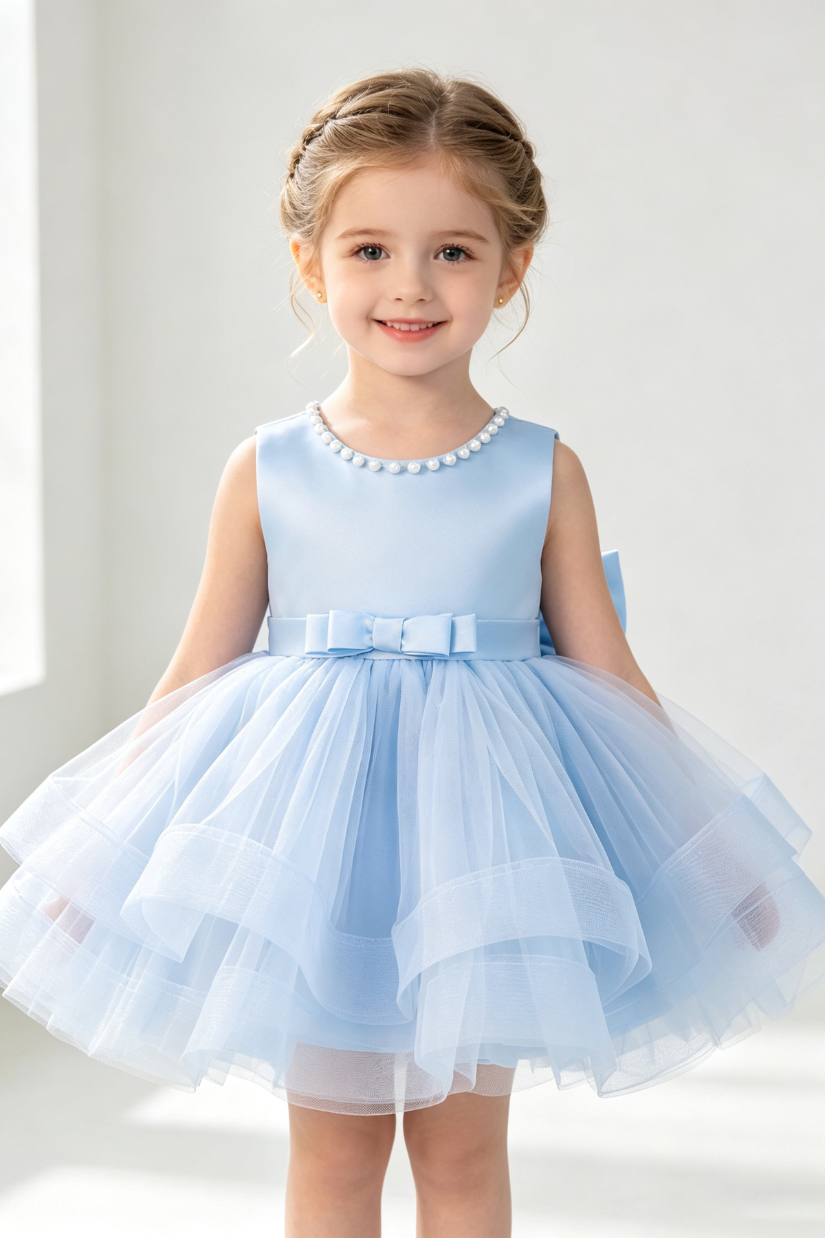 Sky Blue Satin Pearl Neckline Tiered Tulle Big Bow Short A-Line Dress