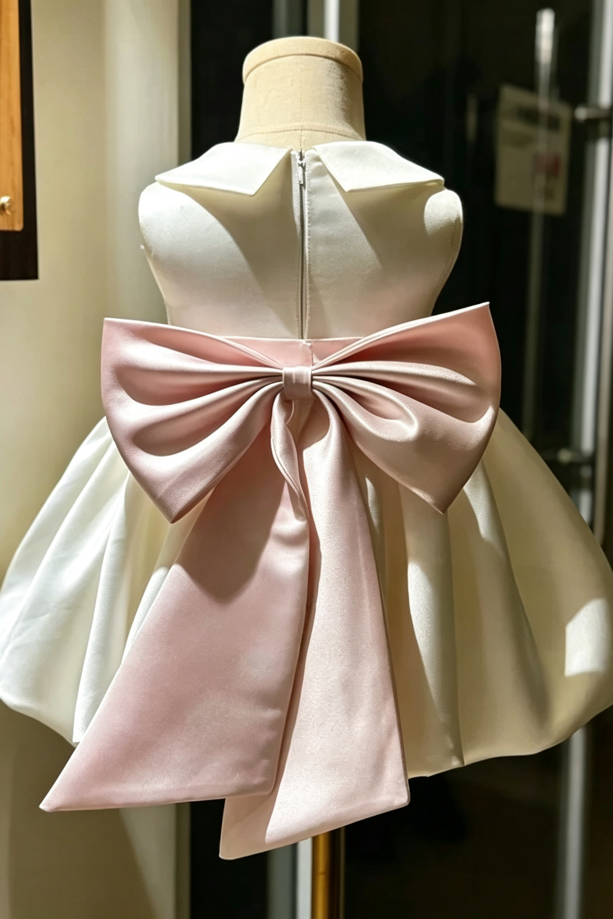 Cream White Satin Peter Pan Collar Blush Pink Big Bow A-Line Dress