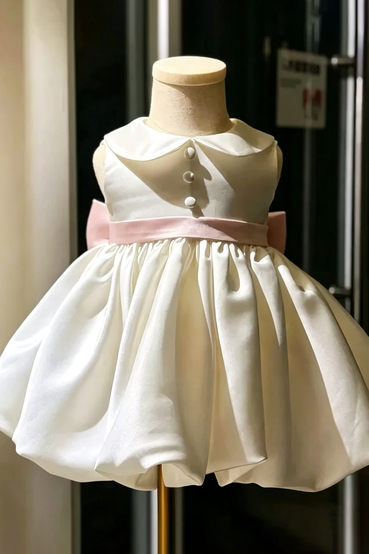 Cream White Satin Peter Pan Collar Blush Pink Big Bow A-Line Dress