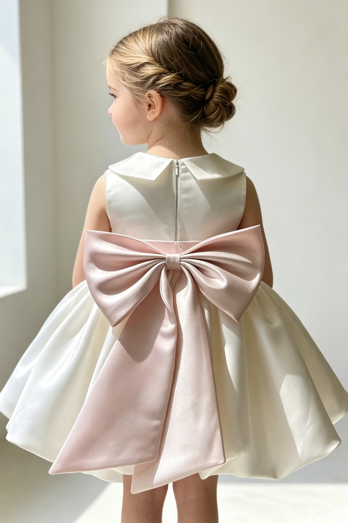 Cream White Satin Peter Pan Collar Blush Pink Big Bow A-Line Dress