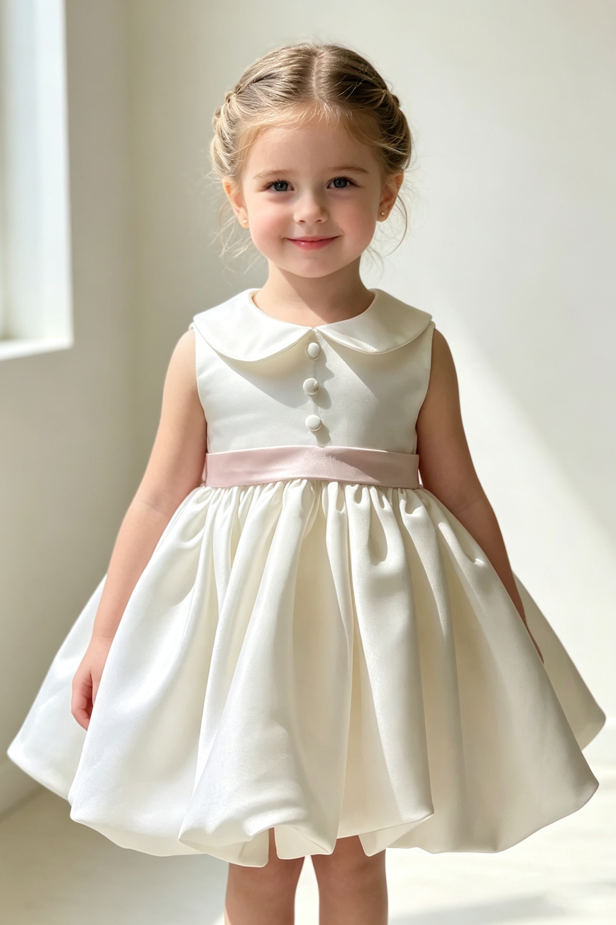 Cream White Satin Peter Pan Collar Blush Pink Big Bow A-Line Dress
