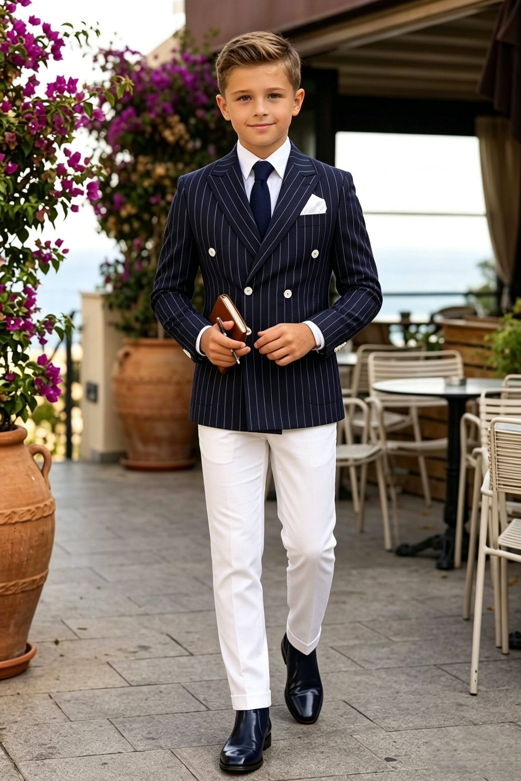 Navy & White Pinstripe Serge Blend Double Breasted 2-Piece Formal Suit