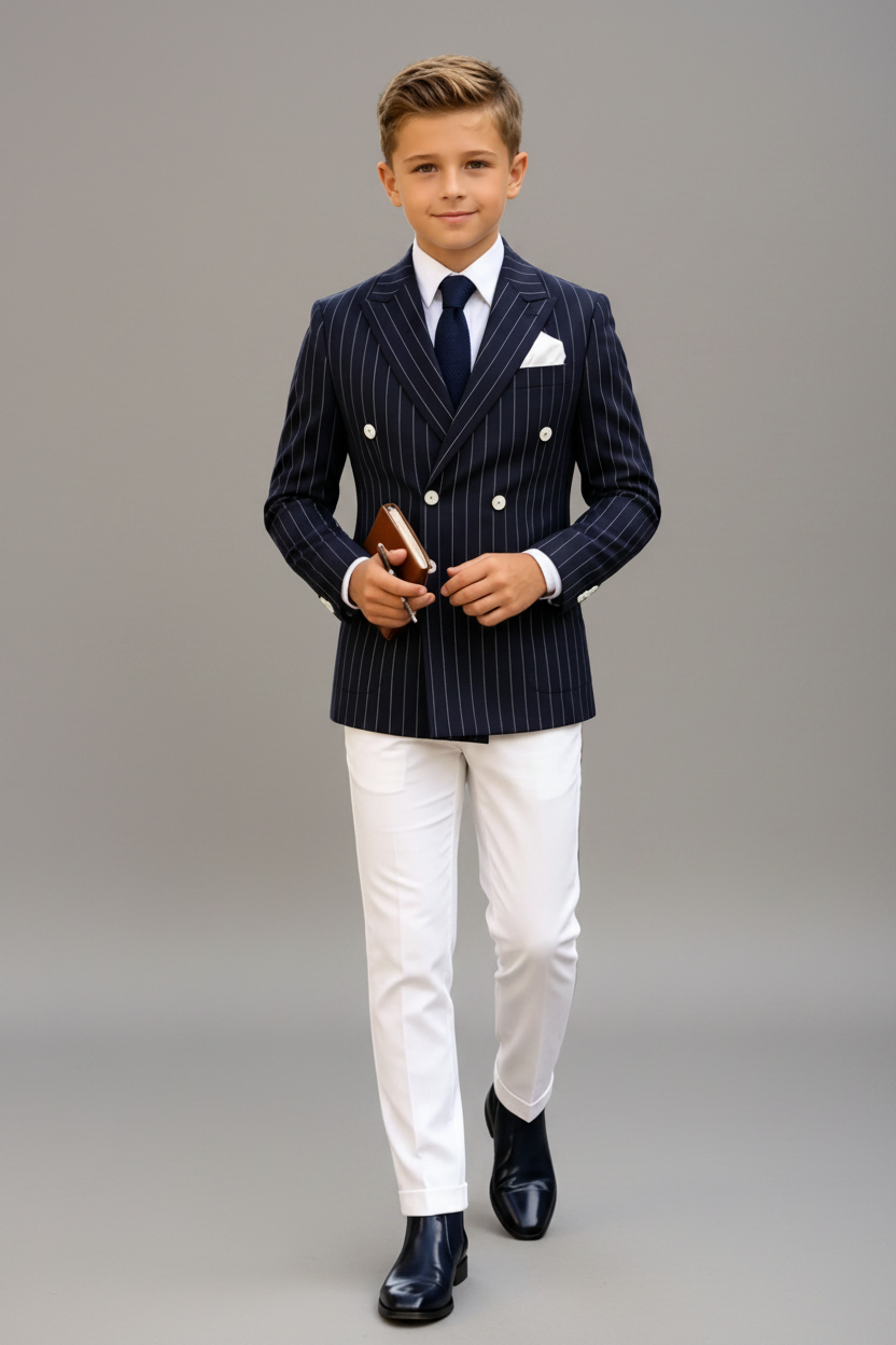Navy & White Pinstripe Serge Blend Double Breasted 2-Piece Formal Suit