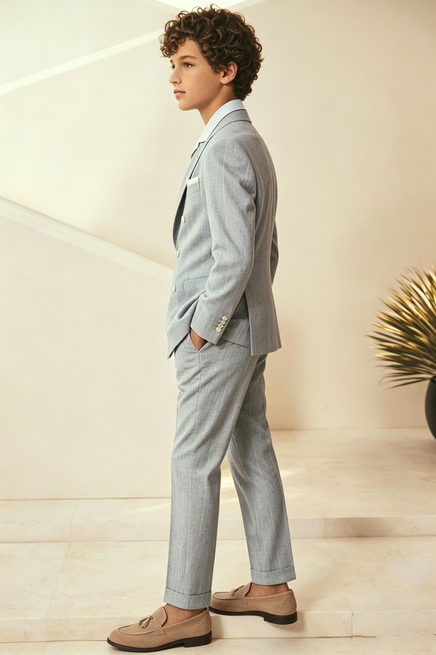 Light Grey Pinstripe Cotton Linen Blend Double Breasted 2-Piece Set