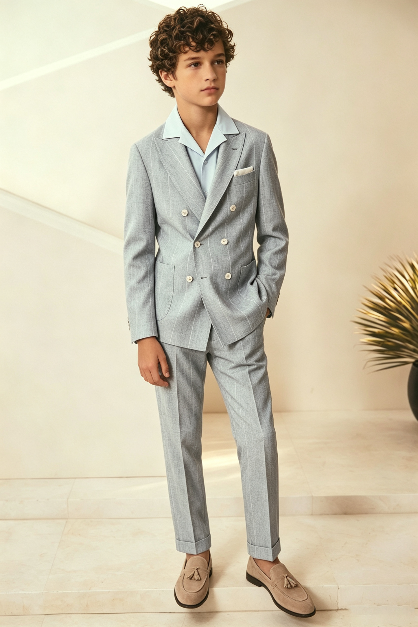 Light Grey Pinstripe Cotton Linen Blend Double Breasted 2-Piece Set