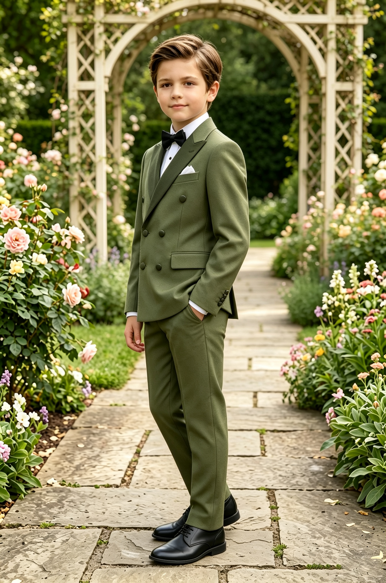 Olive Green Serge Blend Double Breasted 2-Piece Formal Suit