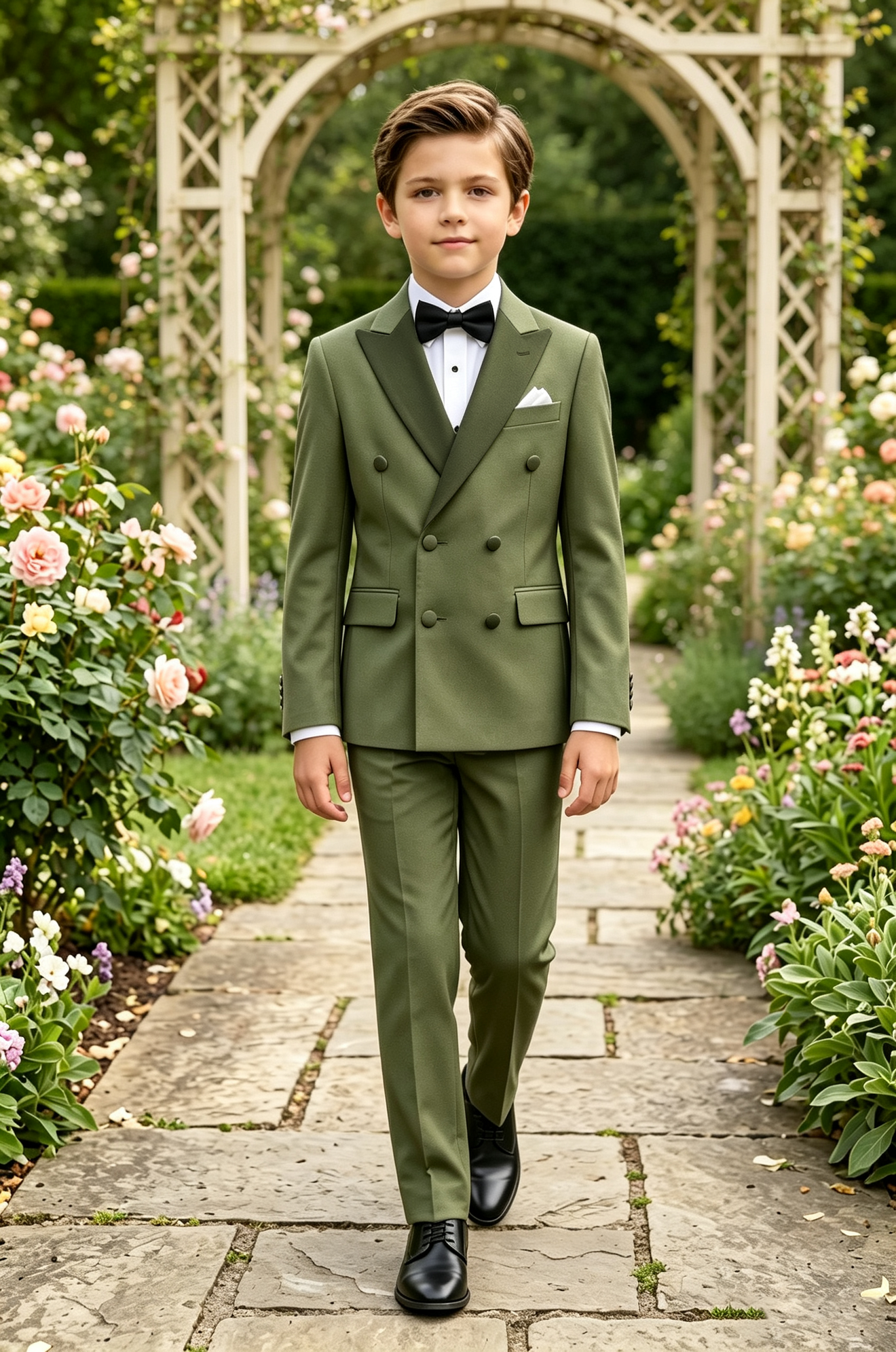 Olive Green Serge Blend Double Breasted 2-Piece Formal Suit