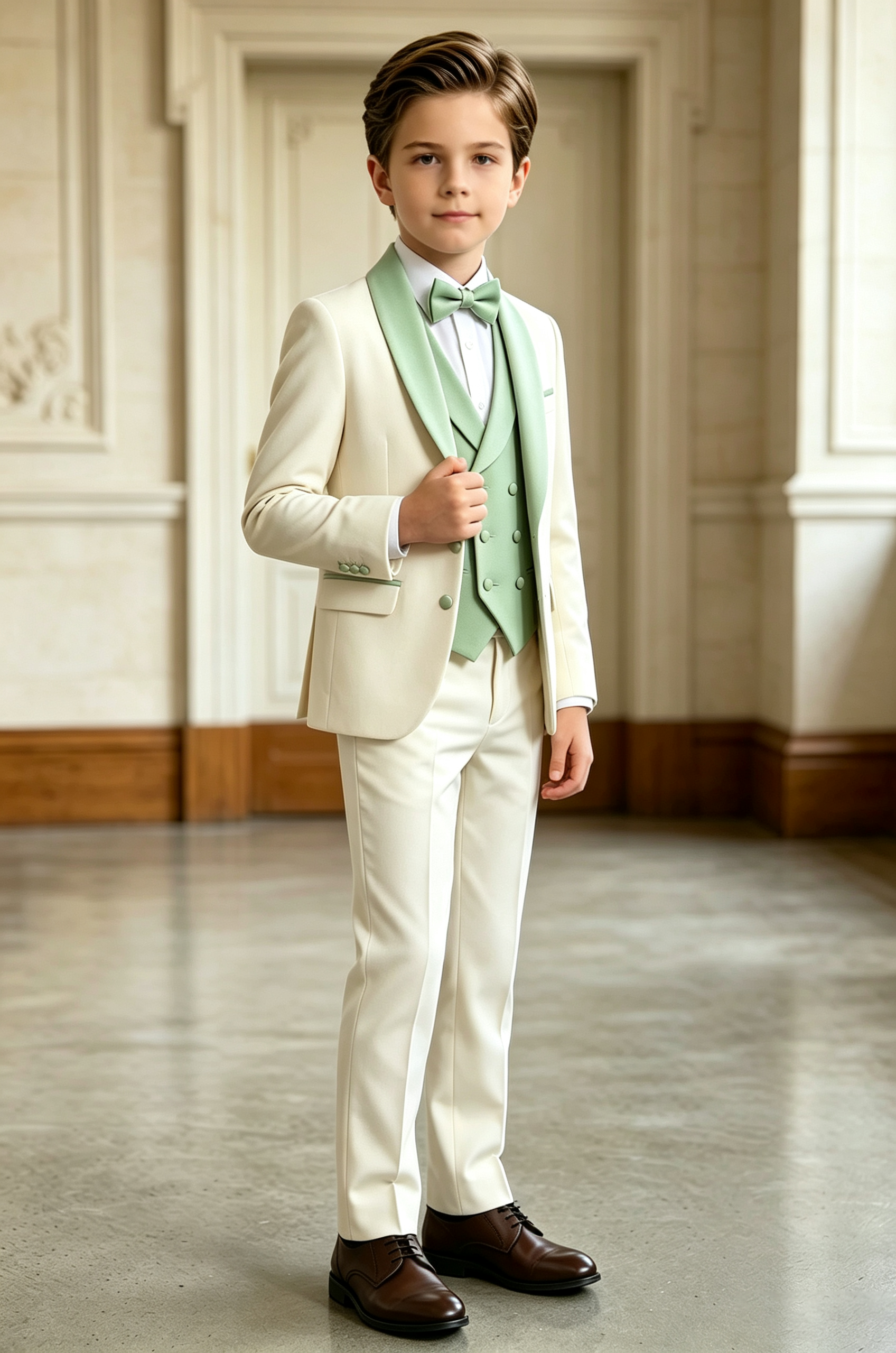 Cream & Sage Green Serge Blend Single Breasted 3-Piece Formal Suit