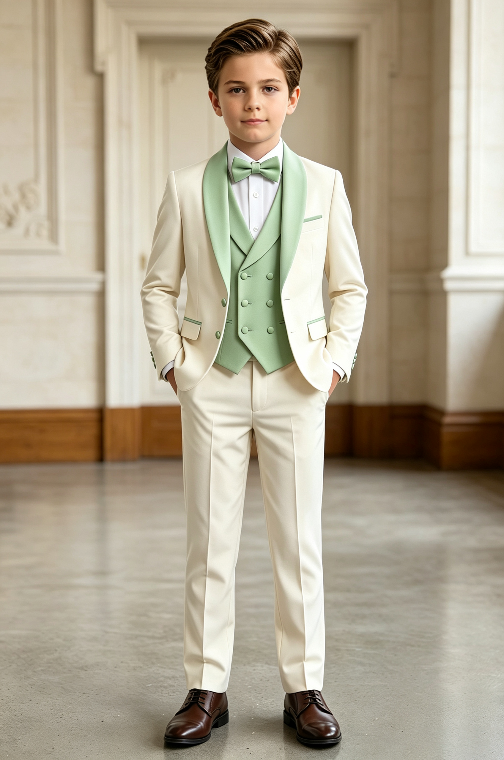Cream & Sage Green Serge Blend Single Breasted 3-Piece Formal Suit