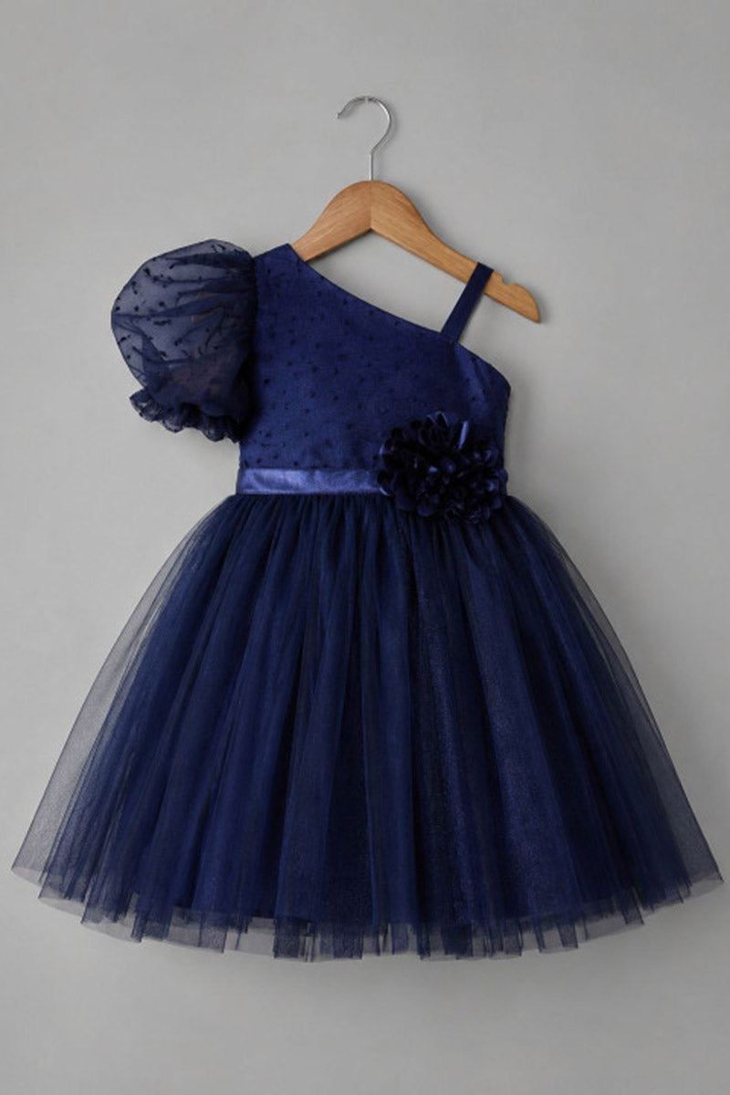 Girls Navy Asymmetrical Tulle Midi Gown with Dot Puff Sleeve & Floral Waist Accent
