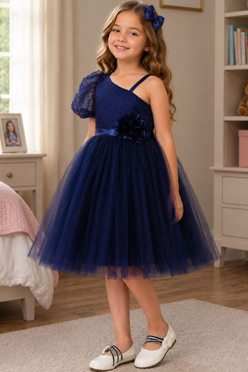 Girls Navy Asymmetrical Tulle Midi Gown with Dot Puff Sleeve & Floral Waist Accent