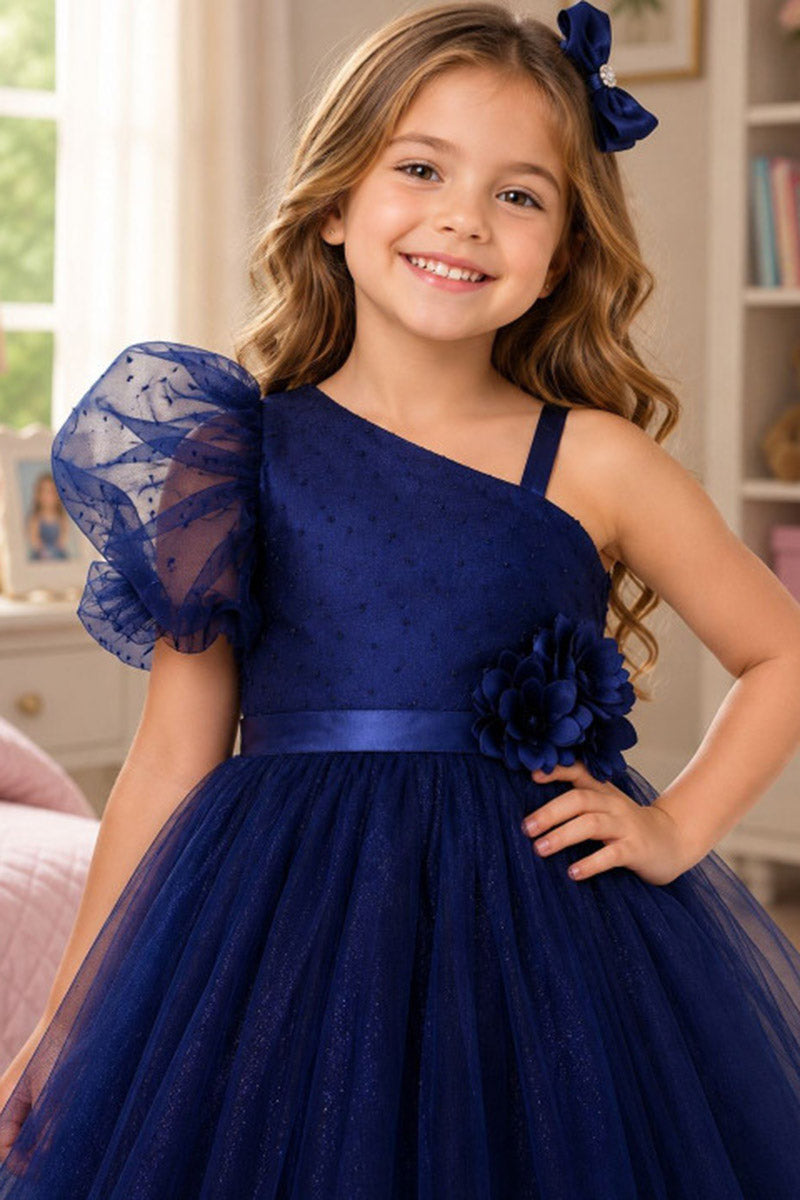 Girls Navy Asymmetrical Tulle Midi Gown with Dot Puff Sleeve & Floral Waist Accent