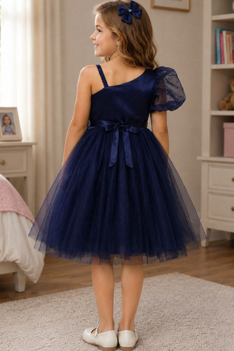 Girls Navy Asymmetrical Tulle Midi Gown with Dot Puff Sleeve & Floral Waist Accent