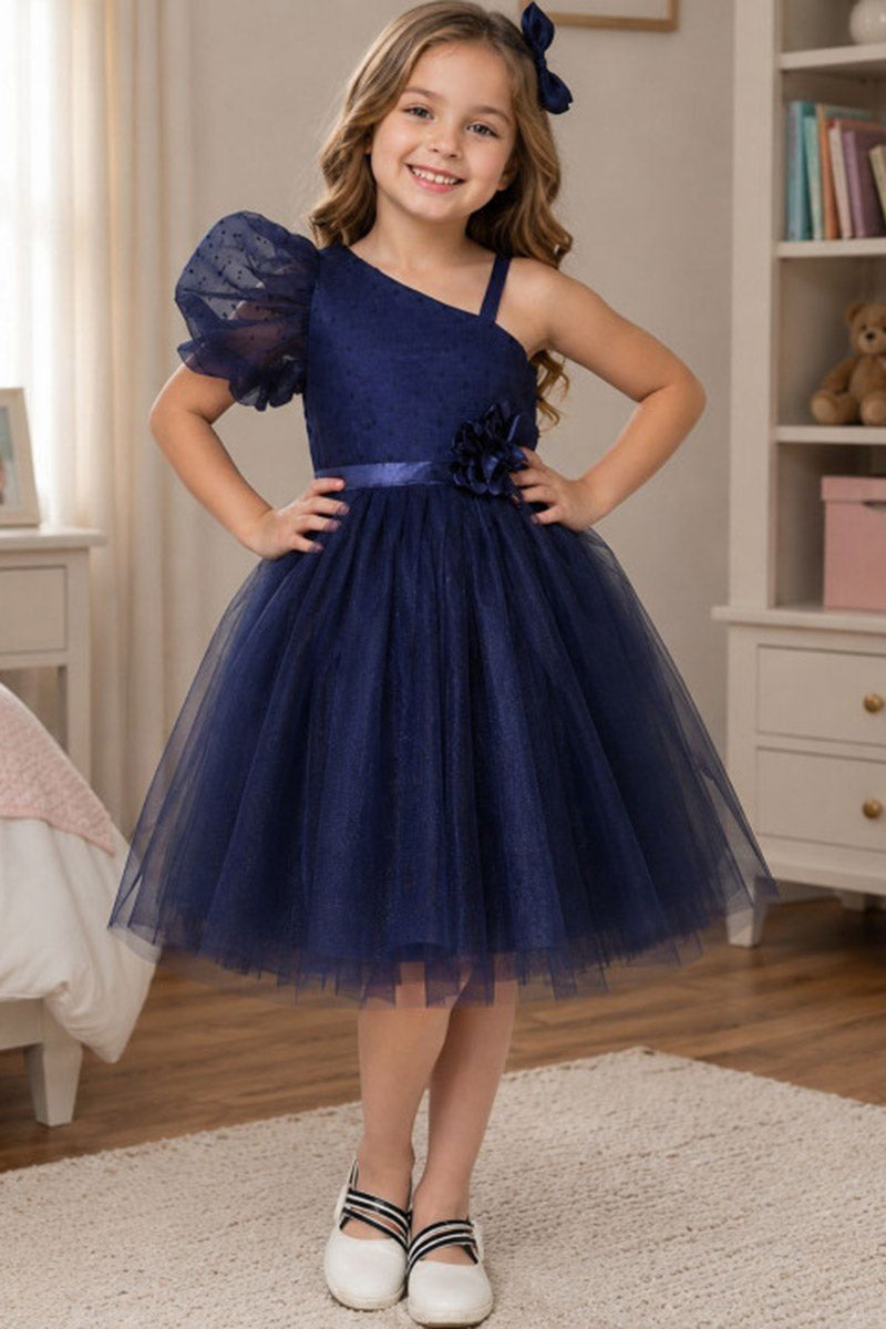 Girls Navy Asymmetrical Tulle Midi Gown with Dot Puff Sleeve & Floral Waist Accent