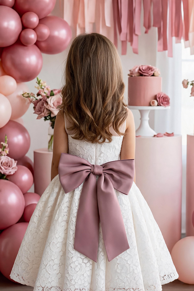 Girls White Lace Heart Neck Midi Dress with Dusty Pink Satin Waist Bow