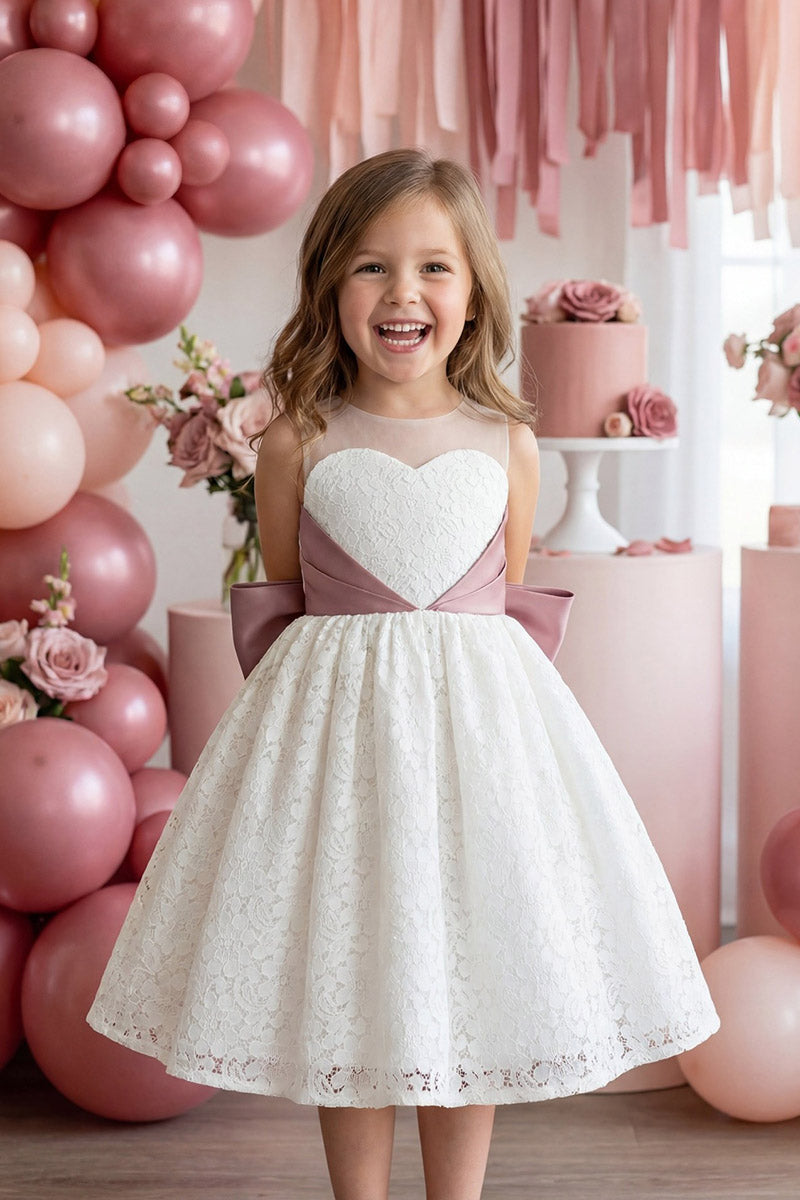 Girls White Lace Heart Neck Midi Dress with Dusty Pink Satin Waist Bow