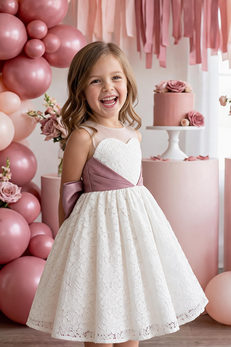 Girls White Lace Heart Neck Midi Dress with Dusty Pink Satin Waist Bow