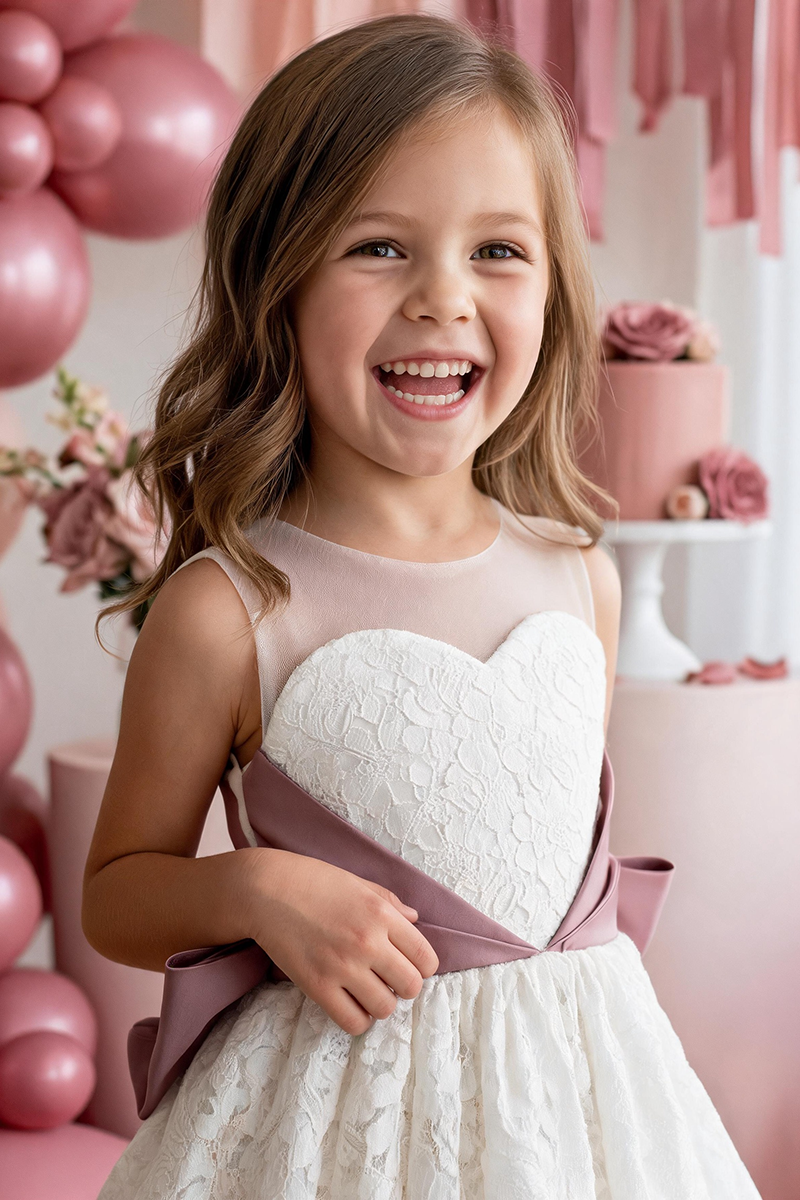 Girls White Lace Heart Neck Midi Dress with Dusty Pink Satin Waist Bow