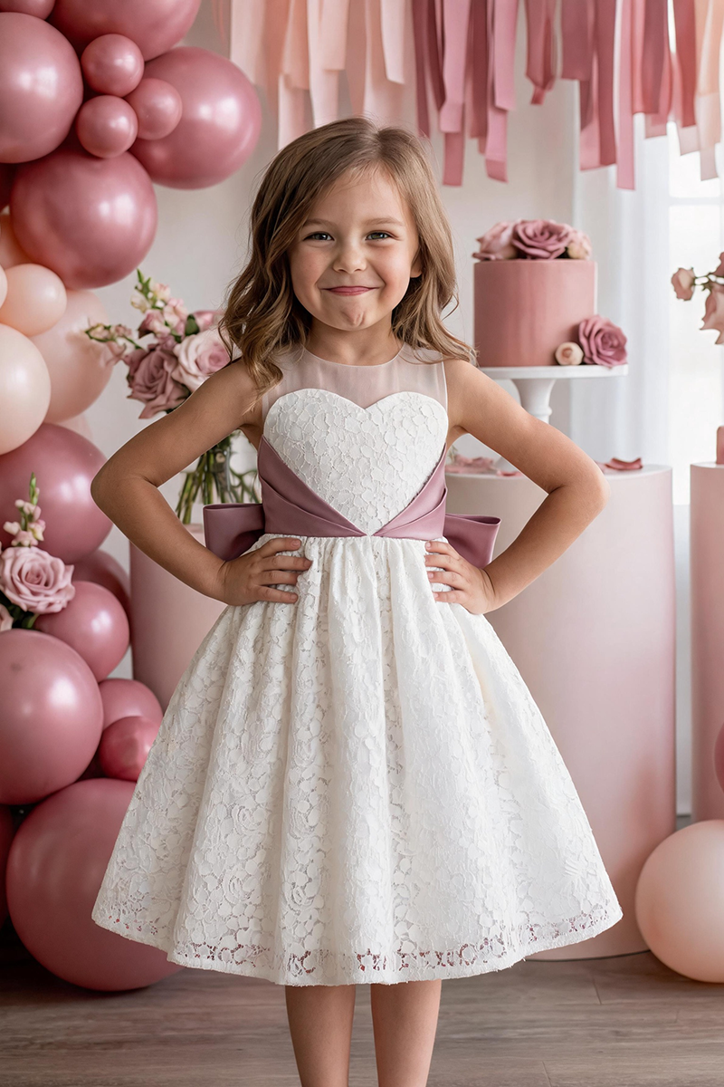 Girls White Lace Heart Neck Midi Dress with Dusty Pink Satin Waist Bow