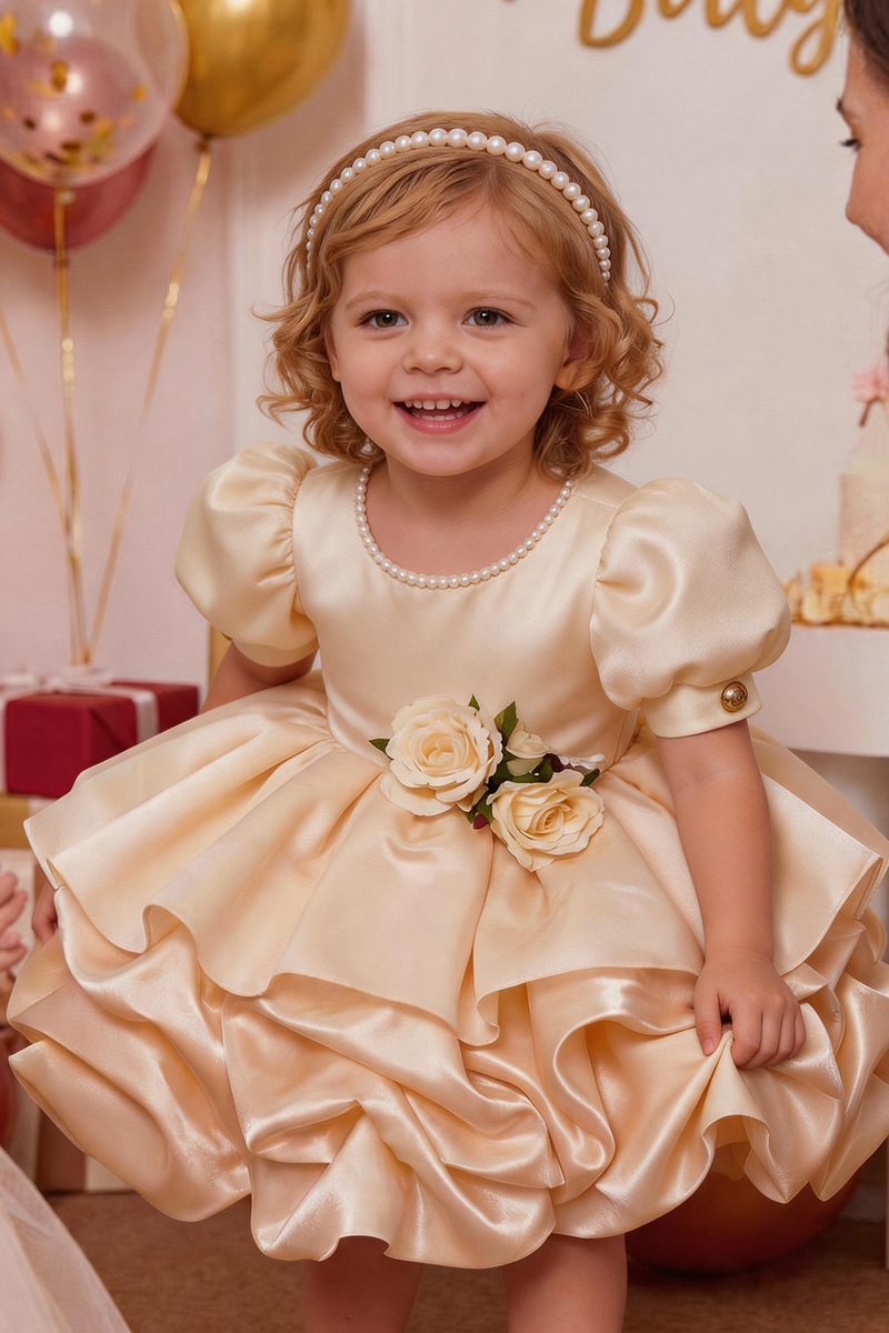 Girls Champagne Satin Puff Sleeve Mini Dress