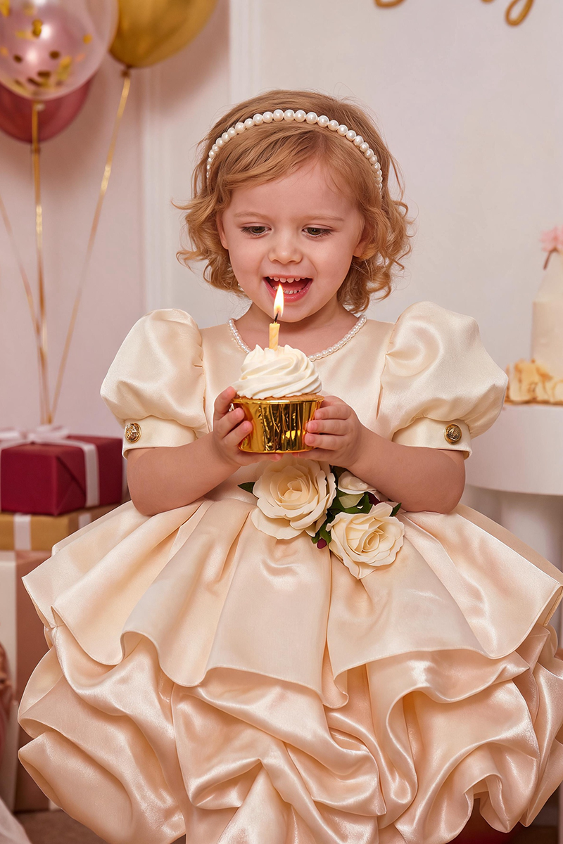 Girls Champagne Satin Puff Sleeve Mini Dress